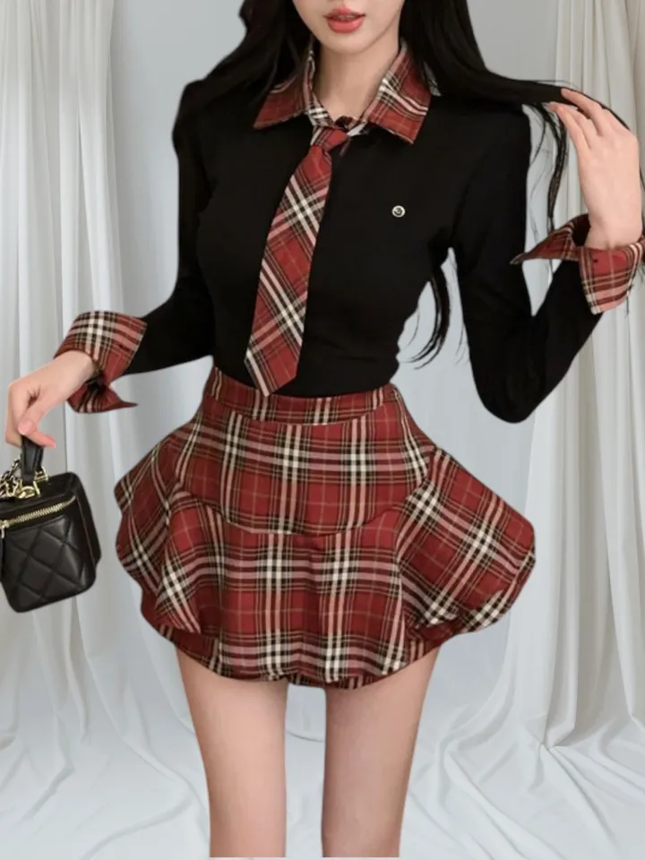 (S~L) 블랙 레드체크 교복 타이 투피스세트 상세 이미지 1