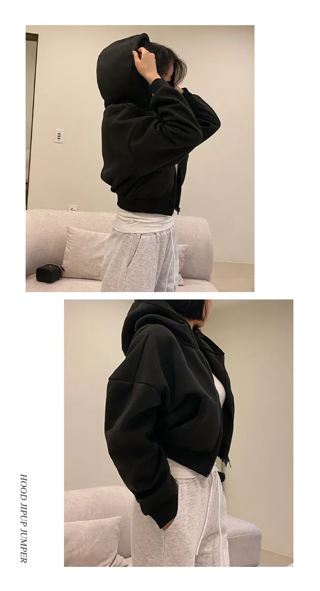 [주문폭주]언더립 기모 오버핏 크롭 투웨이 후드 숏 집업 점퍼(블랙/그레이/차콜) 상세 이미지 4