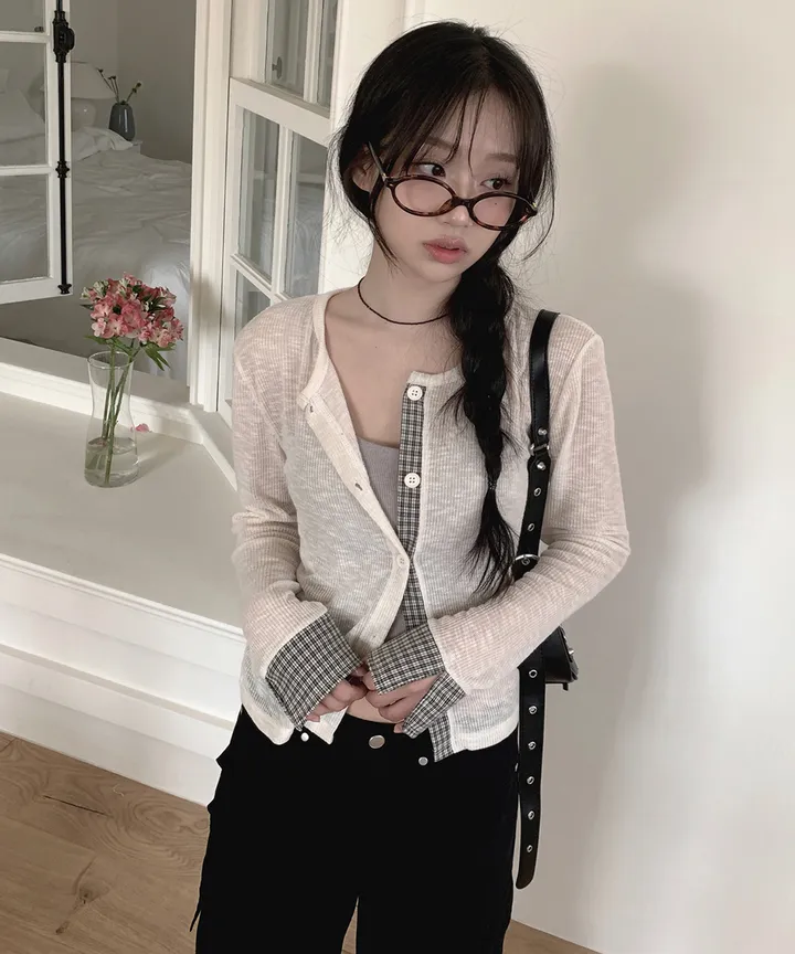 [봄가디건🌷] 띠네 슬럽 배색 체크 커프스 라운드 시스루 니트 가디건 봄 여름 가을 / 봄가디건 여름가디건 레이어드 봄아우터 체크셔츠 뮤잉 상세 이미지 30