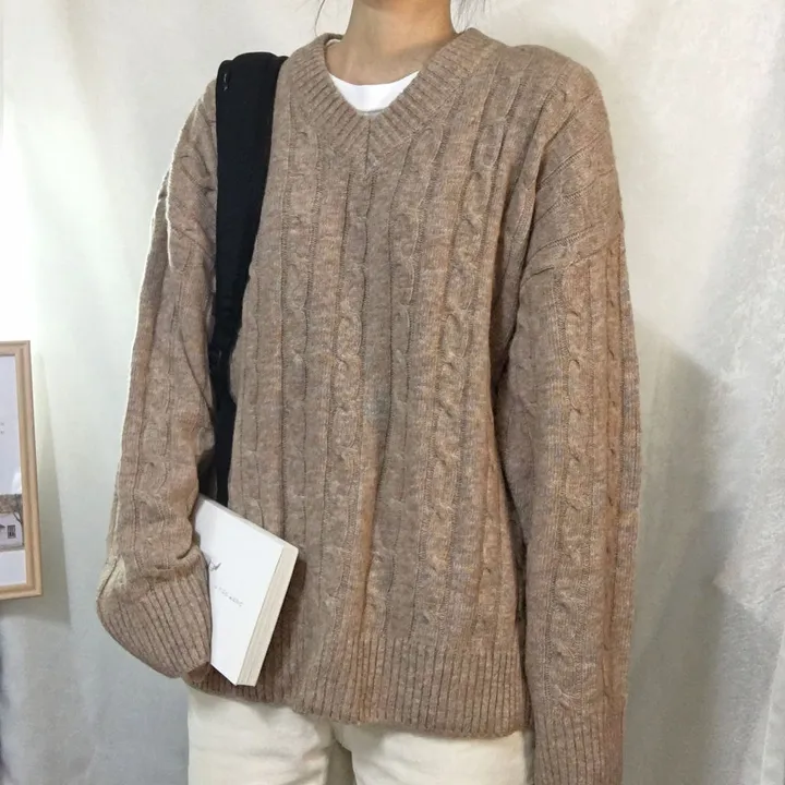[컬러믹스,봄] 루즈핏 꽈배기 니트 / 봄가을, 매일입는 스프링 케이블 울니트 / 보카시 브이넥 오버핏 긴팔티 상세 이미지 45