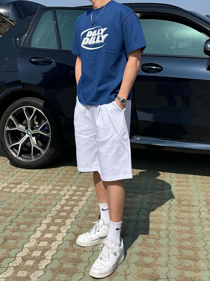 세트가능/ 남녀공용 오버핏 반팔 여름 커플룩 커플티 레터링 루즈핏 반팔 티셔츠 합포 핀턱 버뮤다 팬츠 밴딩 반바지 꾸안꾸 트레이닝 세트 커플 시밀러룩 빅사이즈 세트 스트릿 딜리 상세 이미지 25