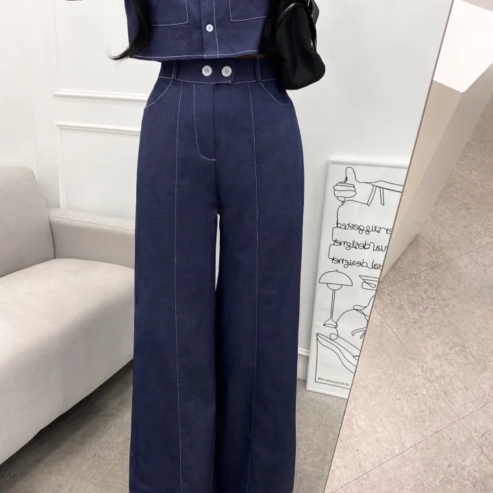 [SET!]데님 스티치 스퀘어넥 크롭 퍼프 자켓 롱 와이드 팬츠 투피스 세트 1color 상세 이미지 6