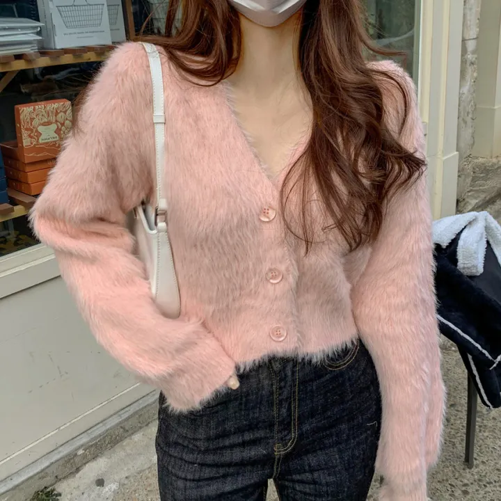 [심쿵핏/털빠짐X] 따뜻 도톰 파스텔 루즈핏 앙고라 모헤어 크롭 브이넥 벌룬 소매 깃털 퍼 니트 가디건 상세 이미지 54