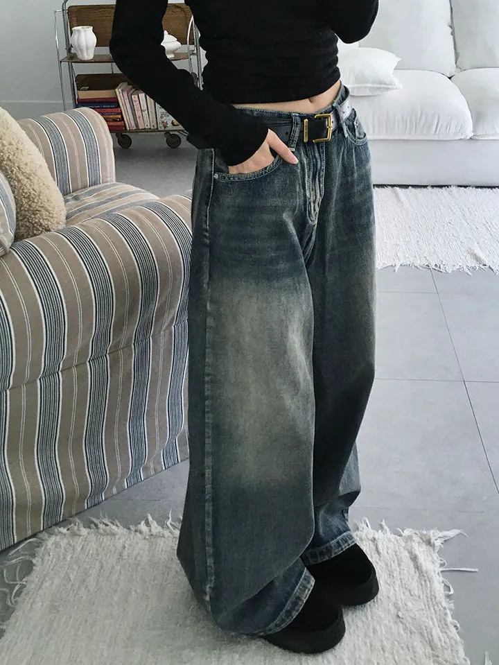 [숏,기본,롱/~XL/핏보장💙*밑단스냅단추 투웨이* 워싱 와이드데님] 헤이브밑단스냅와이드데님 상세 이미지 4
