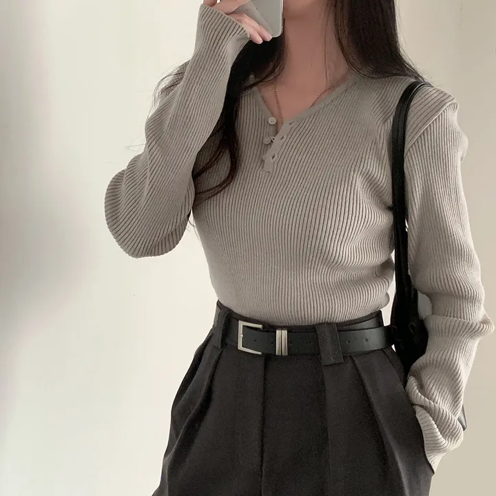 [4계절필수 디자인/연그레이 당일출고✨] 자체제작 #크치Made 젤리 버튼 트임 브이넥 골지 겨울 니트 긴팔티셔츠 - nt 상세 이미지 161