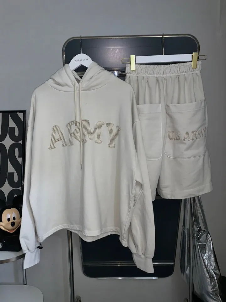 [세트가격🌠/남녀공용🧏‍♀️💕/도링룩단독💌] 피그먼트 아미 레터링 후드 밴딩 5부 반바지 커플 트레이닝세트 투피스 (3color) 상세 이미지 51