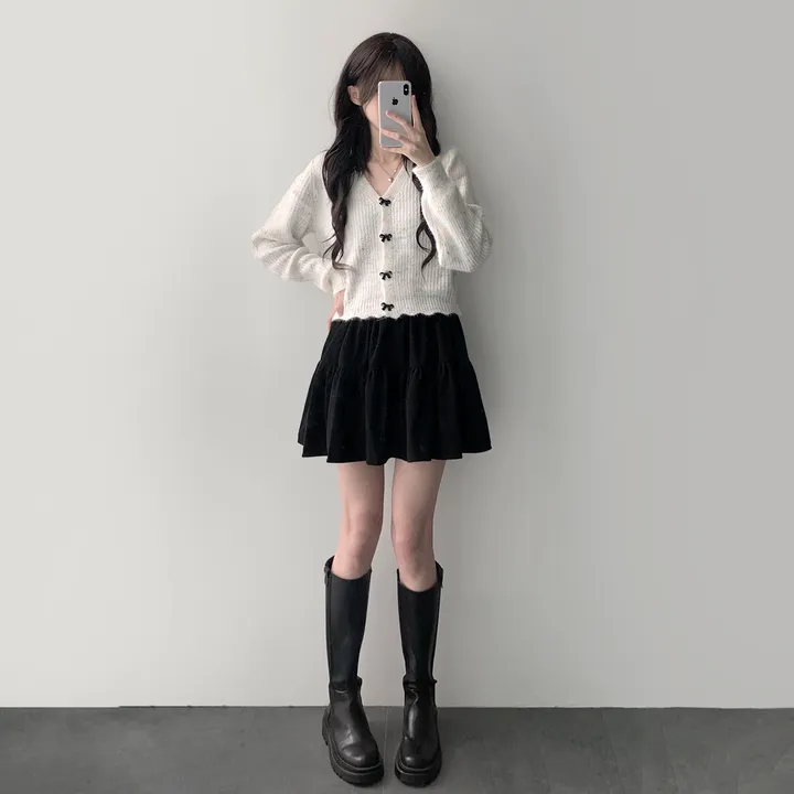 상의품절 [코디세트/귀여워요🤍] 솜사탕 보카시 리본단추 물결 니트 가디건+골덴 플레어 스커트 투피스 코디세트 상세 이미지 20