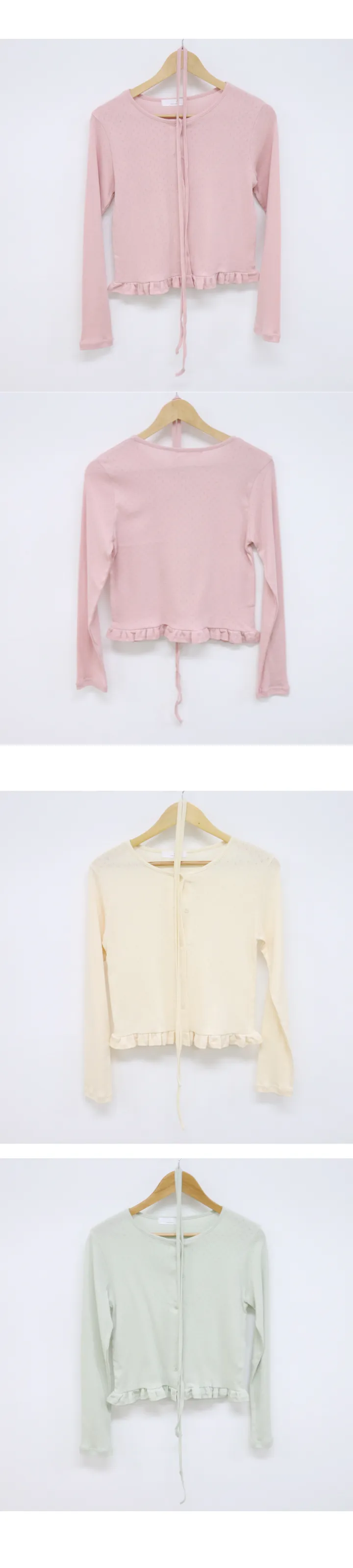[러블리☘/귀여워요ෆ] 멜로니 펀칭 라운드 프릴 리본 끈 크롭 코튼 긴팔 봄 가디건 (3color) 데이트룩/하객룩/여행룩/봄옷/봄신상/봄코디/아우터 상세 이미지 5