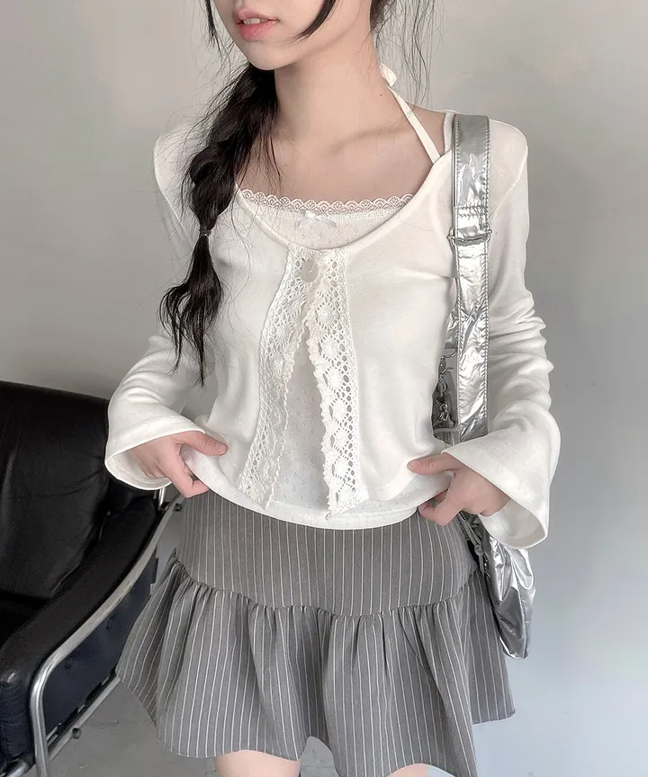 [발레코어💗몸매보정✨] 헤나 레이어드 슬림핏 크롭 유넥 트임 리본 스트랩 원버튼 레이스 가디건 겨울 봄 / 가디건 니트가디건 긴팔티셔츠 레이어드 슬림핏 기본티 이너티 뮤잉 상세 이미지 16