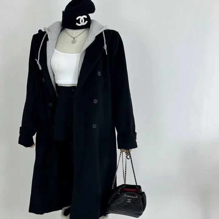 [겨울신상/패드내장/데일리/후드집업일체형] 오버핏 울 모직 쭈리 후드 집업 뒷트임 롱 자켓 코트 상세 이미지 16