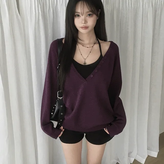 [루즈여리핏🤎] 아이번 딥브이넥 버튼 가을 루즈핏 긴팔 니트 / 단추브이넥 꾸안꾸 루즈핏니트 클래식블랑