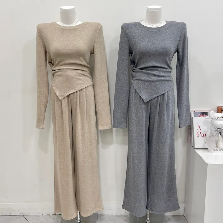 [글램핏/set]*핏보장* 봄신상 간절기까지 쭉~ 꼬임 언발 사선 슬림핏 핀턱 와이드팬츠 밴딩슬랙스 버튼 지퍼 하객룩 캐주얼  소재탄탄 꾸안꾸 데일리 멜팅 투피스 세트 3color 상세 이미지 2