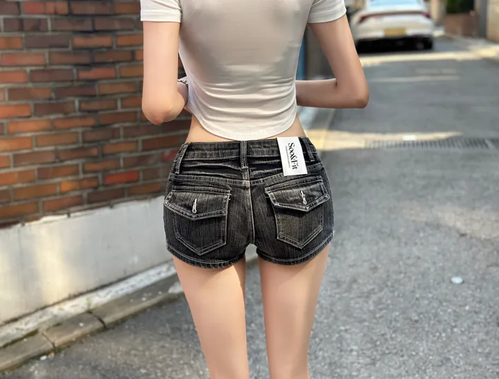 [대박뒷태/XS~L] 🔥오픈특가/엉밑살X🔥 로우 백포켓 레트로 빈티지 워싱 스티치 크랙 흑청 진청데님 청반바지 여름 반바지 페스티발 페스티벌 미니 숏 팬츠 핫팬츠 상세 이미지 6