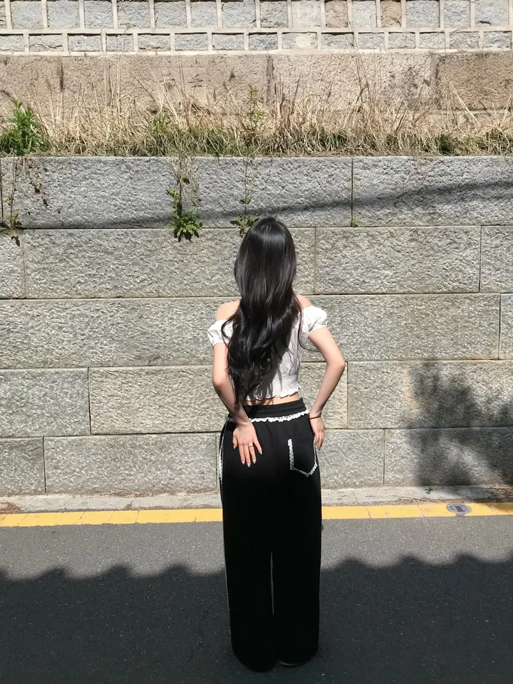 봄신상 포켓 밴딩 레이스 프릴 라인 와이드핏 레이어드 트랙 트레이닝 팬츠 2color 상세 이미지 10