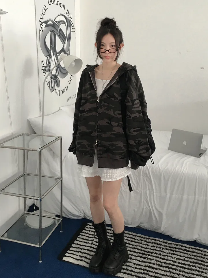 [핵오버핏🖤국내제작 *투웨이집업* 유니크 밀리터리 카모 오버핏 후드집업 남녀공용 커플템] 카모오버핏후드집업 상세 이미지 4