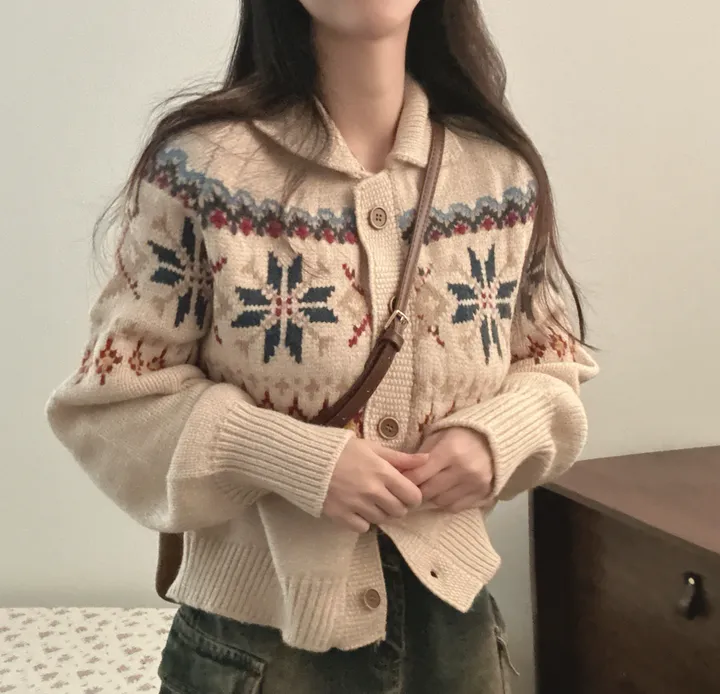 [실물대박,왕도톰~!] 눈꽃 자카드 카라넥 루즈핏 니트 가디건 2color 상세 이미지 11