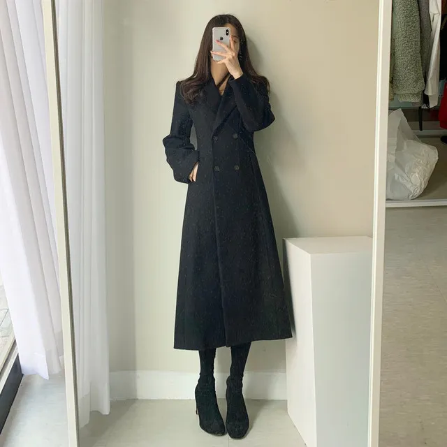 A라인 슬림 롱 플레어 더블 버튼 울코트 블랙 베이지 상세 이미지 3