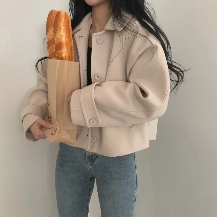 봄가을 크롭재킷 오버핏 아이보리 블랙 싱글버튼 숏코트 상세 이미지 32