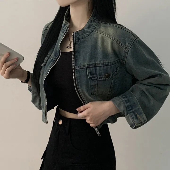 [빈티지힙] 투웨이 데미지 바이커 크롭 워싱 데님 자켓 상세 이미지 9