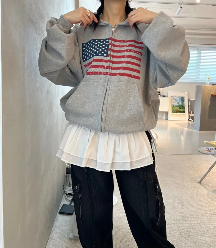 [UNISEX] 크롭 성조기 쭈리 후드집업 워싱 자수 트러커 자켓 벌룬 호피팬츠 스트라이프티 단가라 오버핏 데일리룩  빈티지 루즈핏 빅사이즈 후드티 맨투맨 피그먼트 남여공용 신상 상세 이미지 1