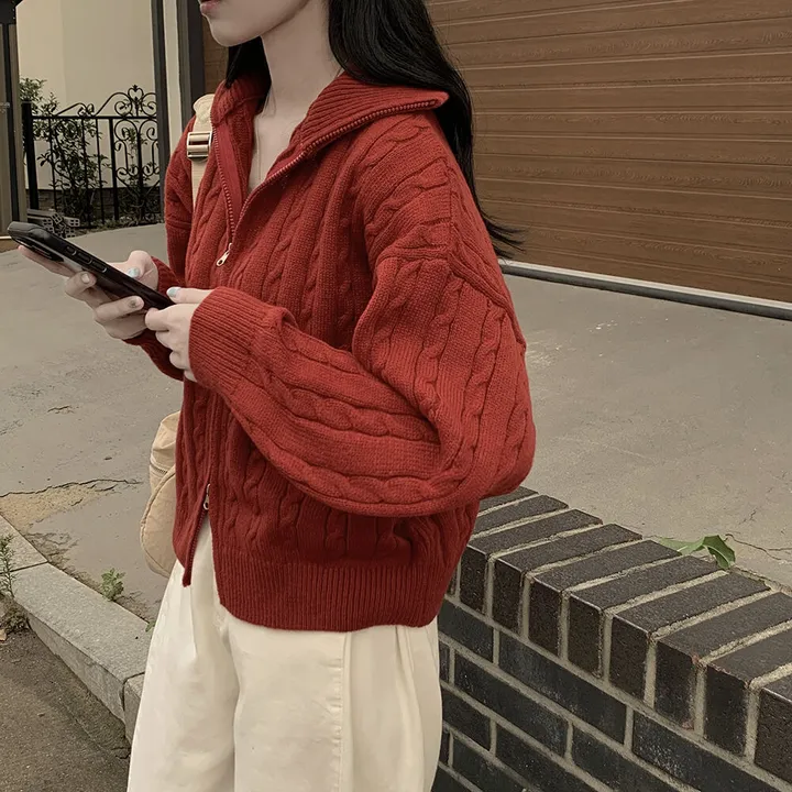 [따뜻!겨울까지~] 투웨이 도톰 케이블 하이넥 꽈배기 오버핏 니트 집업자켓 가디건 상세 이미지 10