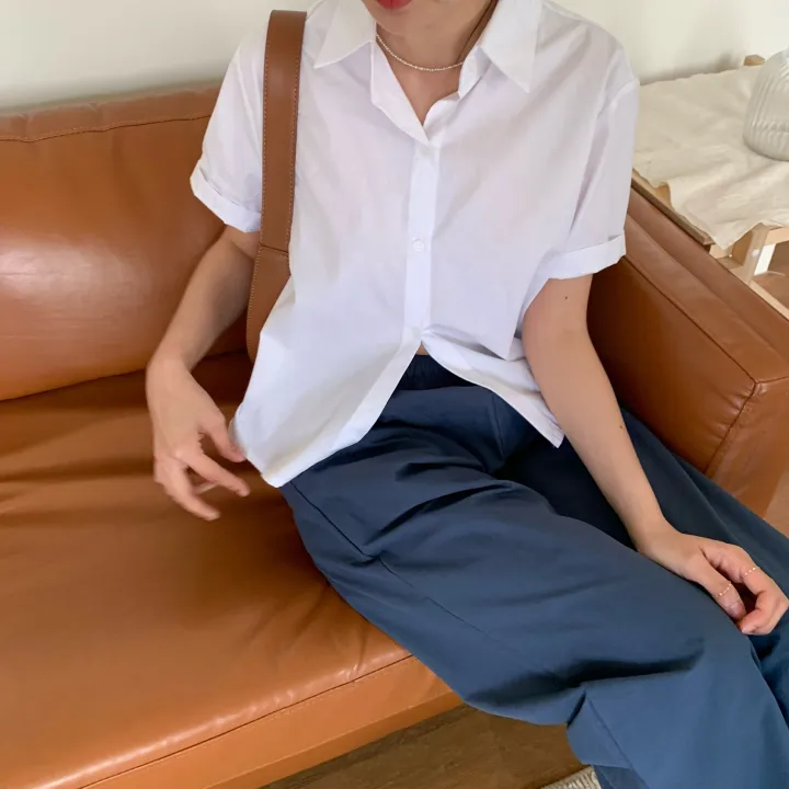 [비침X,베이직] 8컬러 제이 크롭 카라 코튼 반팔 셔츠 상세 이미지 19