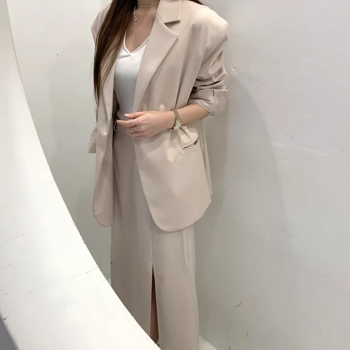 *한정수량원가 SALE* 국내 하이퀄리티 기본 수트 자켓 절개 슬릿 롱 스커트 하객룩 정장 오피스룩 투피스 세트 셋업 2color 상세 이미지 11