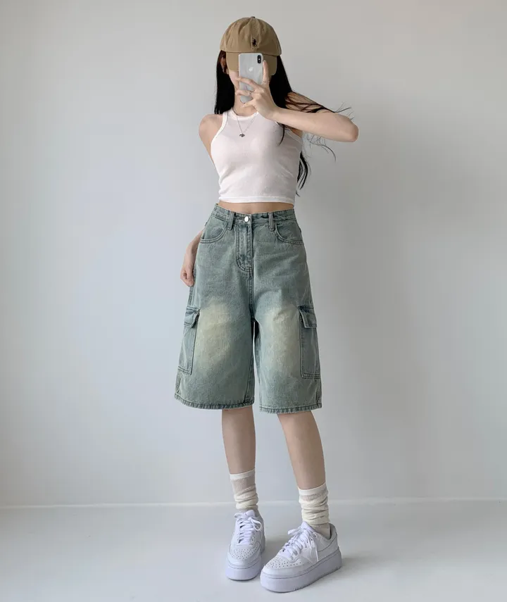 후기극찬![핏보장❤︎/힙무드/~XL] 이브닝 빈티지 힙 워싱 하이웨스트 와이드 카고 하프 버뮤다 5부 청 반바지 데님 팬츠 빅사이즈 상세 이미지 27