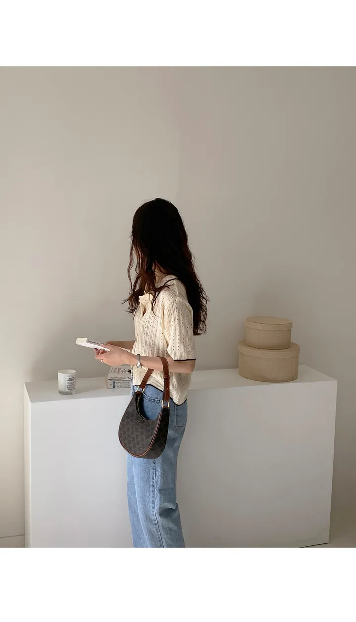 [6천장돌파] 델라본 배색 카라 스카시 반팔 니트 가디건 상세 이미지 18