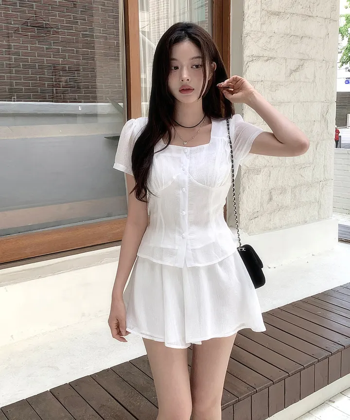 [투피스 set💗치마바지] 셀럽 스퀘어넥 허리끈 여름 하객룩 반팔 블라우스 미니 스커트 치마바지 투피스 세트 / 데이트룩 미니원피스 클래식블랑 상세 이미지 9