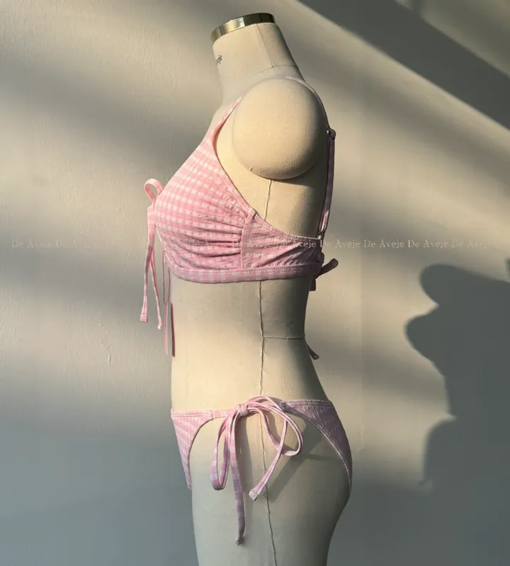 체크 비키니 리본 트임 끈 핑크 브라운 2color 듀플린 상세 이미지 8