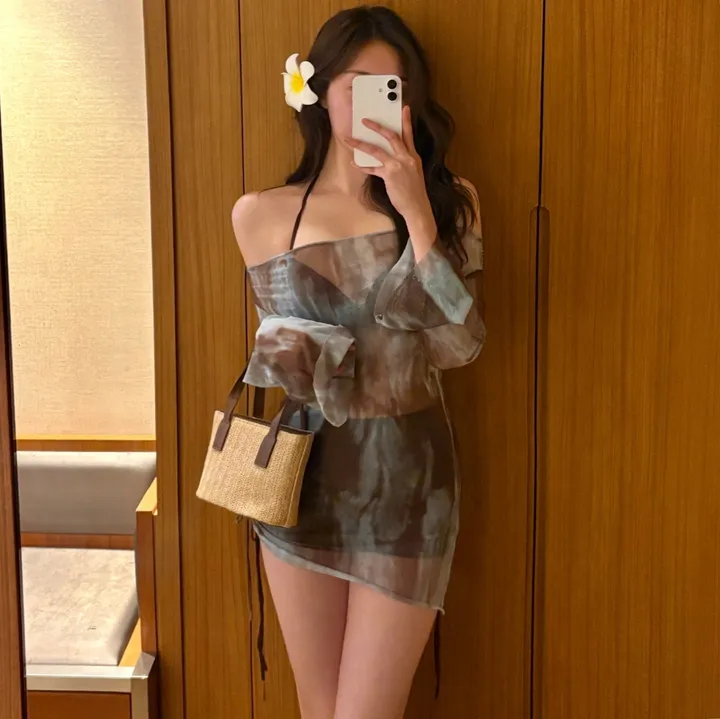 [당일출고] (M-XL) 오프숄더티+숏팬츠+와이어 3피스 비키니 세트 상세 이미지 5