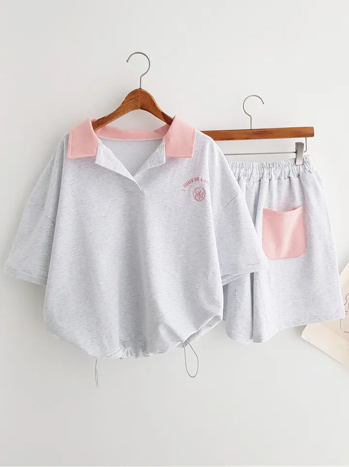 *세트가격!* 귀여운 자수 포인트 카라티셔츠 오버핏 카라반팔티 밴딩 핀턱 반바지 투피스세트 여름 트레이닝복 추리닝세트 이지웨어세트 여름휴가룩 바캉스룩 꾸안꾸세트 썸머세트 상세 이미지 8