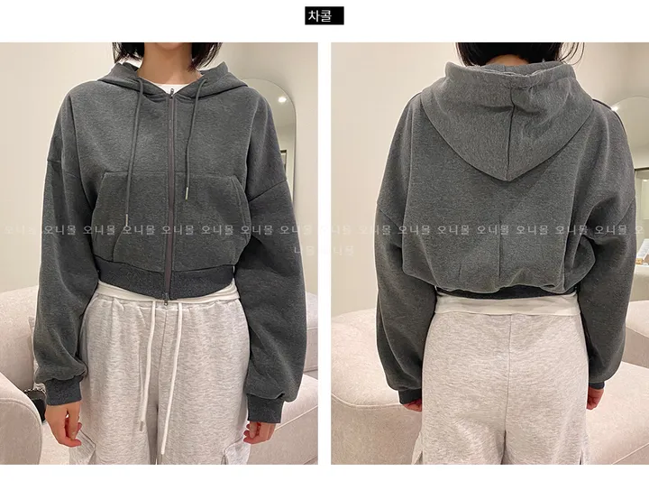 [주문폭주]언더립 기모 오버핏 크롭 투웨이 후드 숏 집업 점퍼(블랙/그레이/차콜) 상세 이미지 19