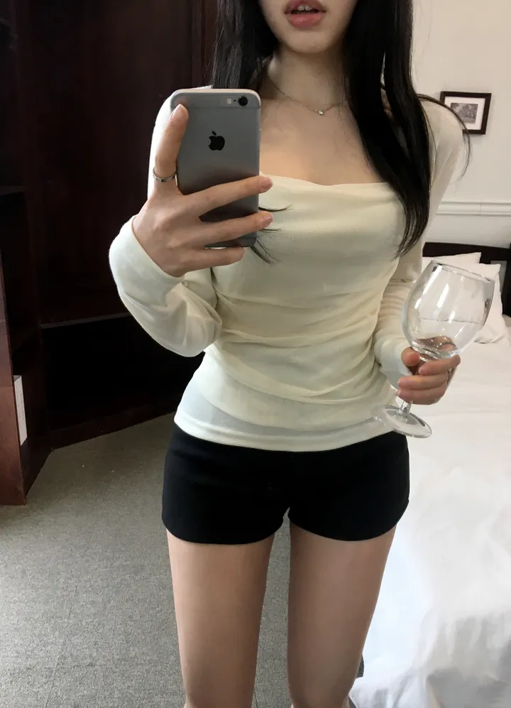 당일발송[승모근박살/팔뚝살부각X] 매쉬 쉬폰 드레이프 레이어드 망사 볼레로 일체형 긴팔 티셔츠 상세 이미지 13