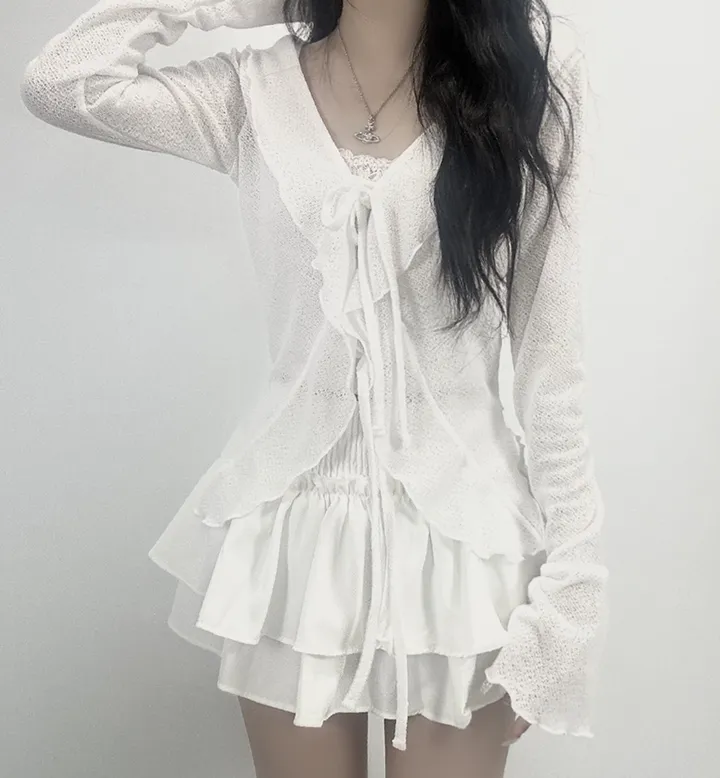ruffle ribbon lace cardigan 러플 리본 레이스 가디건 (봄가디건, 러블리, 프릴, 니트가디건, 슬림핏, 여리여리) 상세 이미지 10