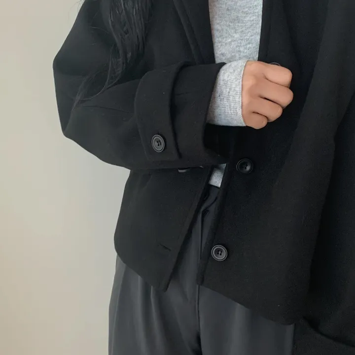 봄가을 크롭재킷 오버핏 아이보리 블랙 싱글버튼 숏코트 상세 이미지 54