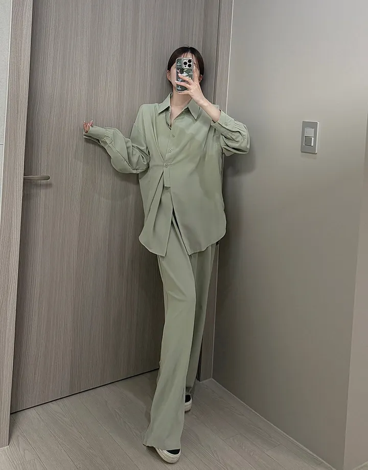 [최저가/부분당일발송🚚]빅사이즈 루즈핏 패치 남방셔츠 스트링 슬랙스 와이드팬츠 투피스세트/44-88/빅사이즈/찰랑/시원한소재/여름신상/뒷밴딩/여름하객룩/휴양지룩/바캉스룩/투웨이 상세 이미지 16