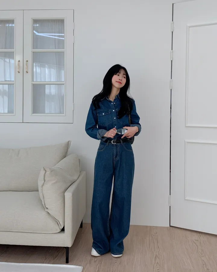 [하이퀄✨데님set] 2컬러/ 데님셔츠+와이드 데님팬츠 투피스 세트 /S.M.L 상세 이미지 9