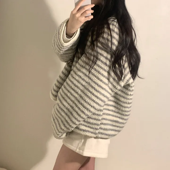 [봄신상/아방뽀글이] reversible fleece stripe snap button jacket 상세 이미지 11