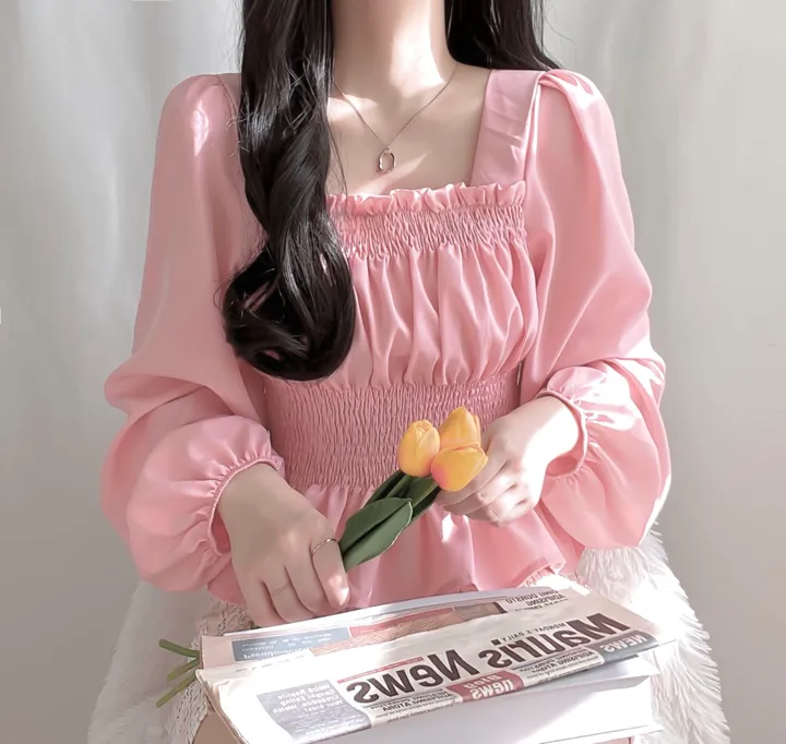 [체형보정/살랑쉬폰] 샤인 스퀘어넥 프릴 셔링 스모크 밴딩 퍼프 블라우스 상세 이미지 22