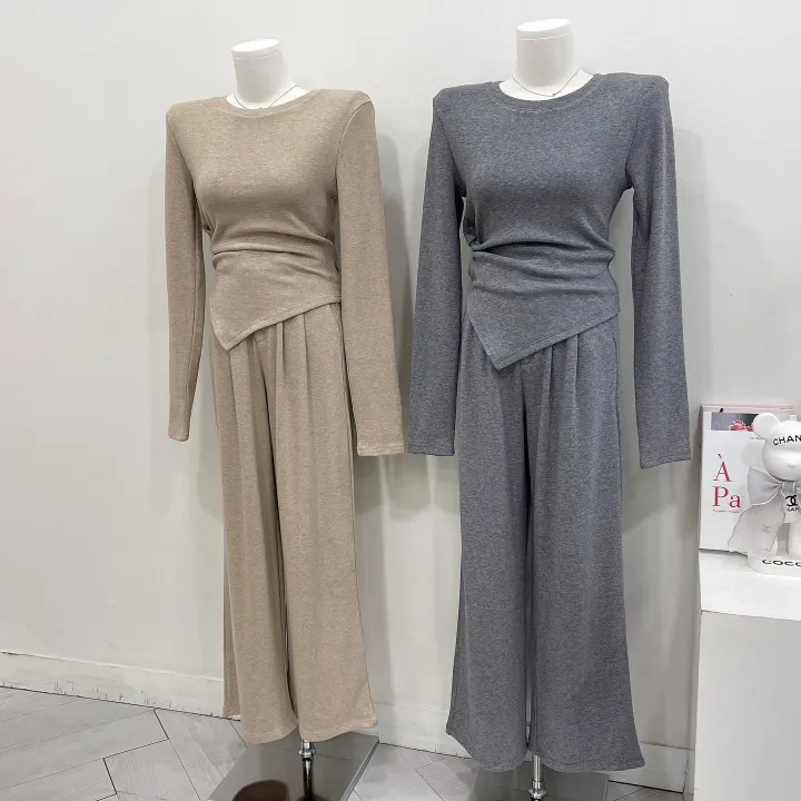 [글램핏/set]*핏보장* 봄신상 간절기까지 쭉~ 꼬임 언발 사선 슬림핏 핀턱 와이드팬츠 밴딩슬랙스 버튼 지퍼 하객룩 캐주얼  소재탄탄 꾸안꾸 데일리 멜팅 투피스 세트 3color 상세 이미지 7