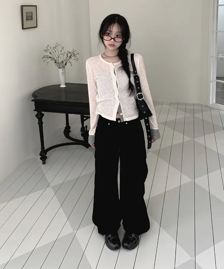 [봄가디건🌷] 띠네 슬럽 배색 체크 커프스 라운드 시스루 니트 가디건 봄 여름 가을 / 봄가디건 여름가디건 레이어드 봄아우터 체크셔츠 뮤잉 상세 이미지 36