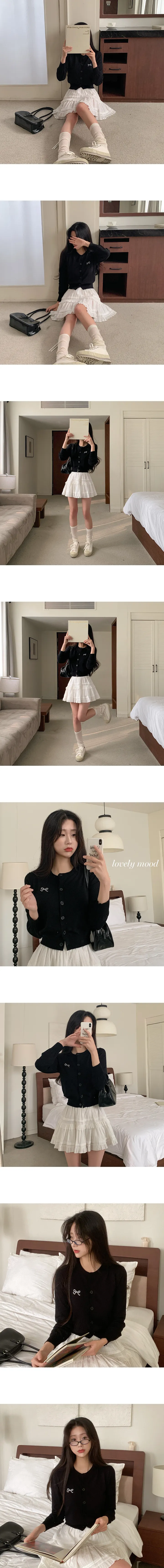 하객룩 긴팔 블랙 라운드 리본 자수 숏 니트가디건 상세 이미지 5