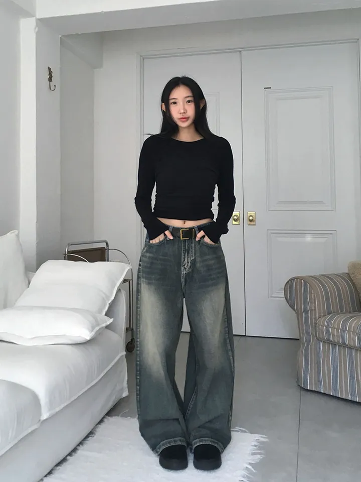 [숏,기본,롱/~XL/핏보장💙*밑단스냅단추 투웨이* 워싱 와이드데님] 헤이브밑단스냅와이드데님 상세 이미지 7