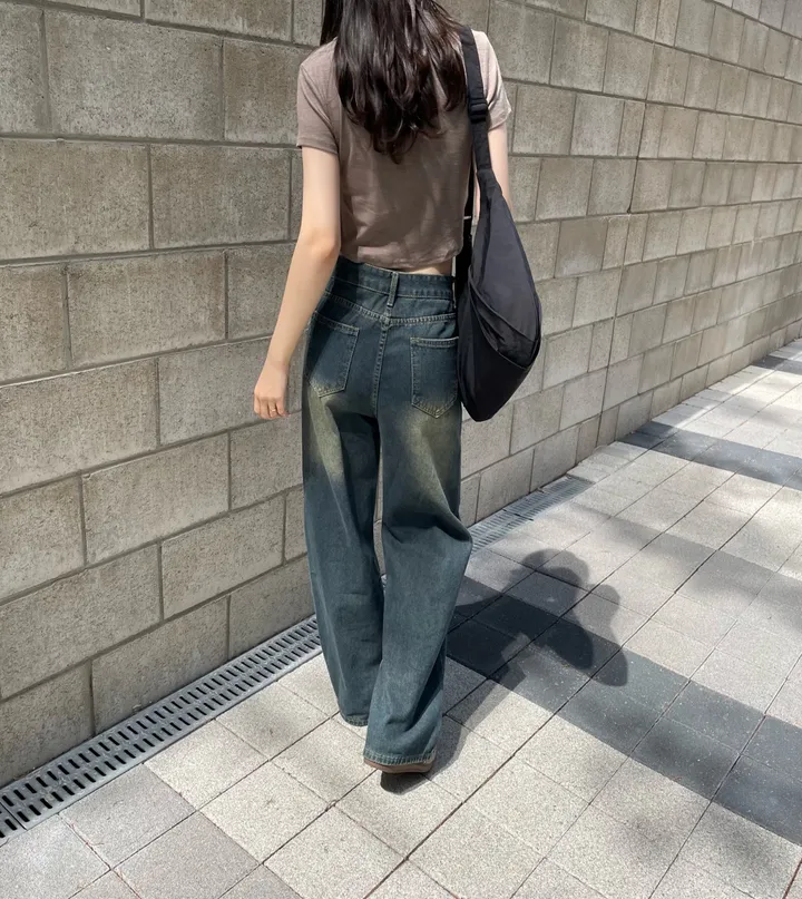 [ 사계절용 / 자체제작 ! ] 원버튼 빈티지 워싱 하이웨스트 와이드 데님 팬츠 바지 상세 이미지 7