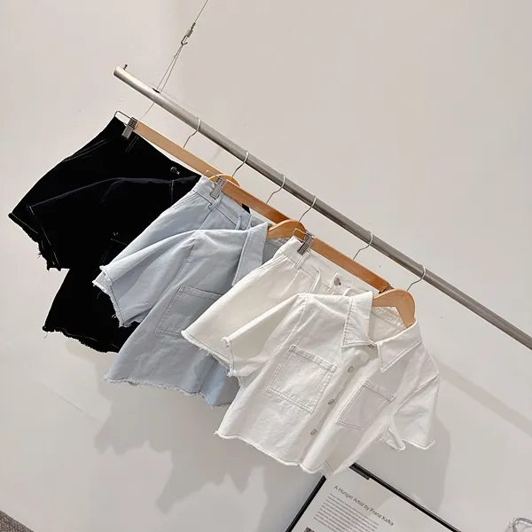 *최저가* [세트가격!/하객룩!] 드뷔 스티치 데님자켓 청자켓 데님셔츠 셔츠카라 버튼 포켓 반팔자켓 크롭자켓 스트링 밴딩 하이웨스트 와이드 반바지 숏팬츠 여름투피스 세트 데님세트 상세 이미지 49