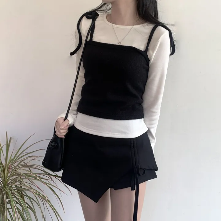 [2ps🎀/퀄리티보장] 레이어드 스트랩 리본 뷔스티에 기모 티셔츠 set 상세 이미지 8
