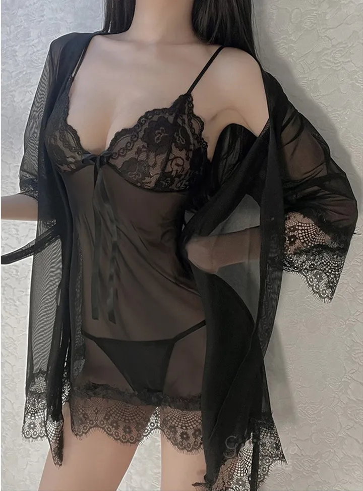 [3피스❤/로브+원피스+티팬티]메쉬 레이스 섹시 시스루 망사 이벤트 야한 속옷 란제리 슬립 원피스 잠옷 상세 이미지 7