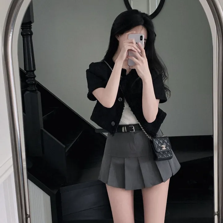 [여름하객룩🖤/고퀄리티]여름에도 고급스럽게 즐기는,하객 탄탄 썸머 트위드 반팔 크롭 루즈핏 자켓 상세 이미지 11